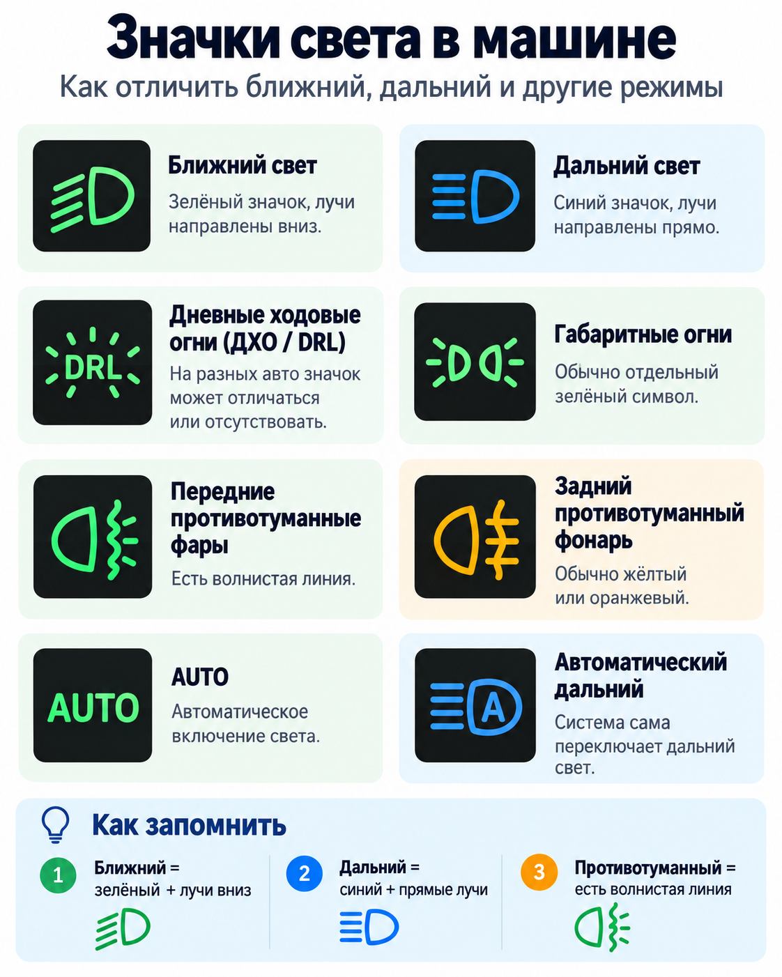 Значки ближнего и дальнего света фар: как выглядят и что означают